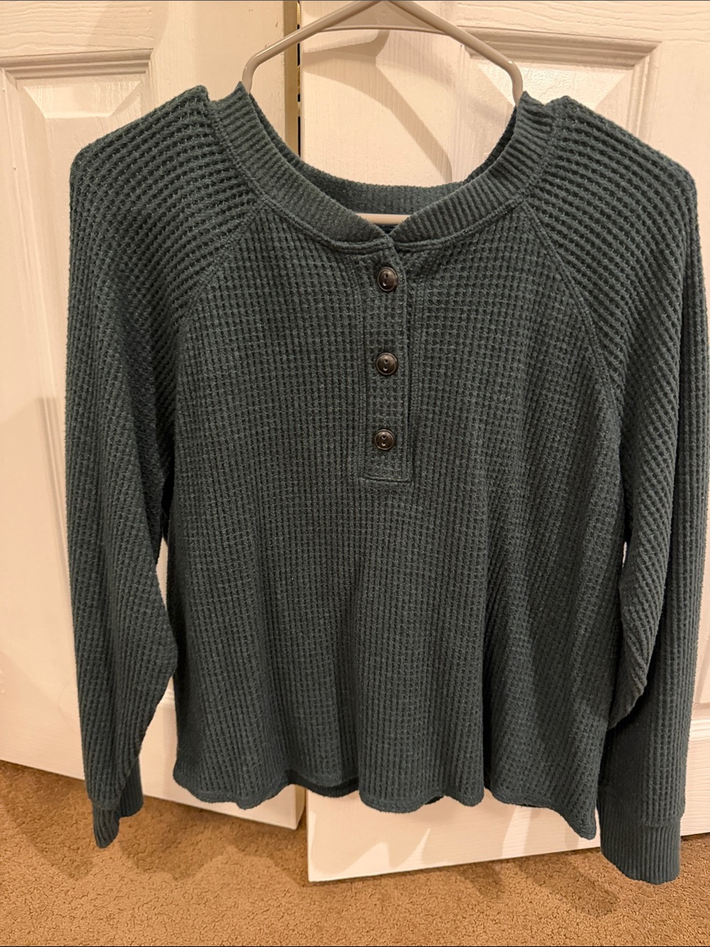 Old Navy Dark Teal Waffle Henley Long-Sleeve Top